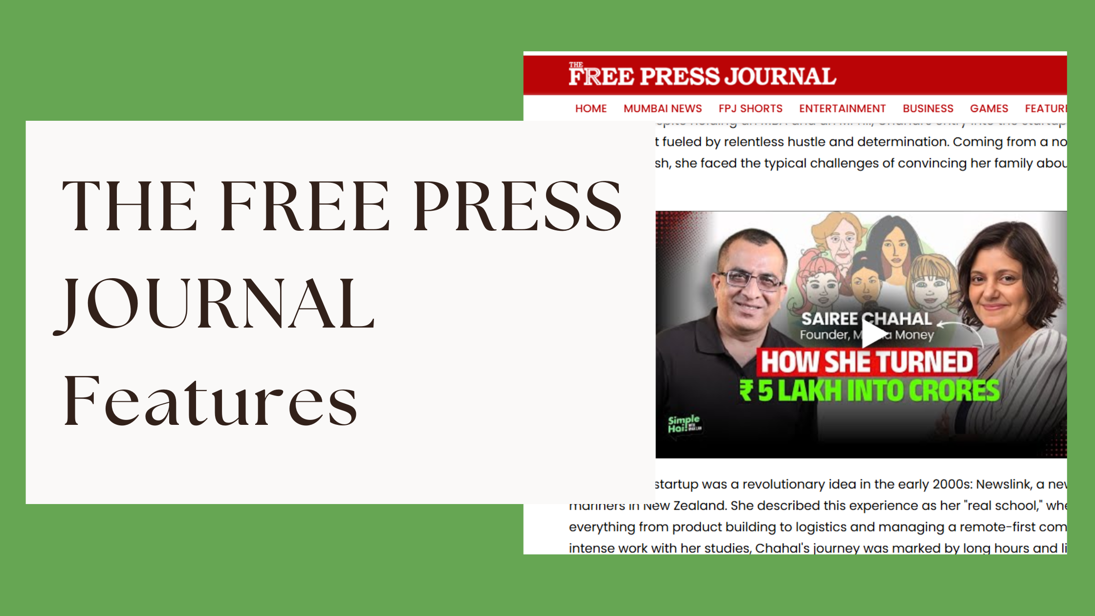 The Free Press Journal Feature: How Sairee Chahal Is Powering India’s Women Entrepreneurs